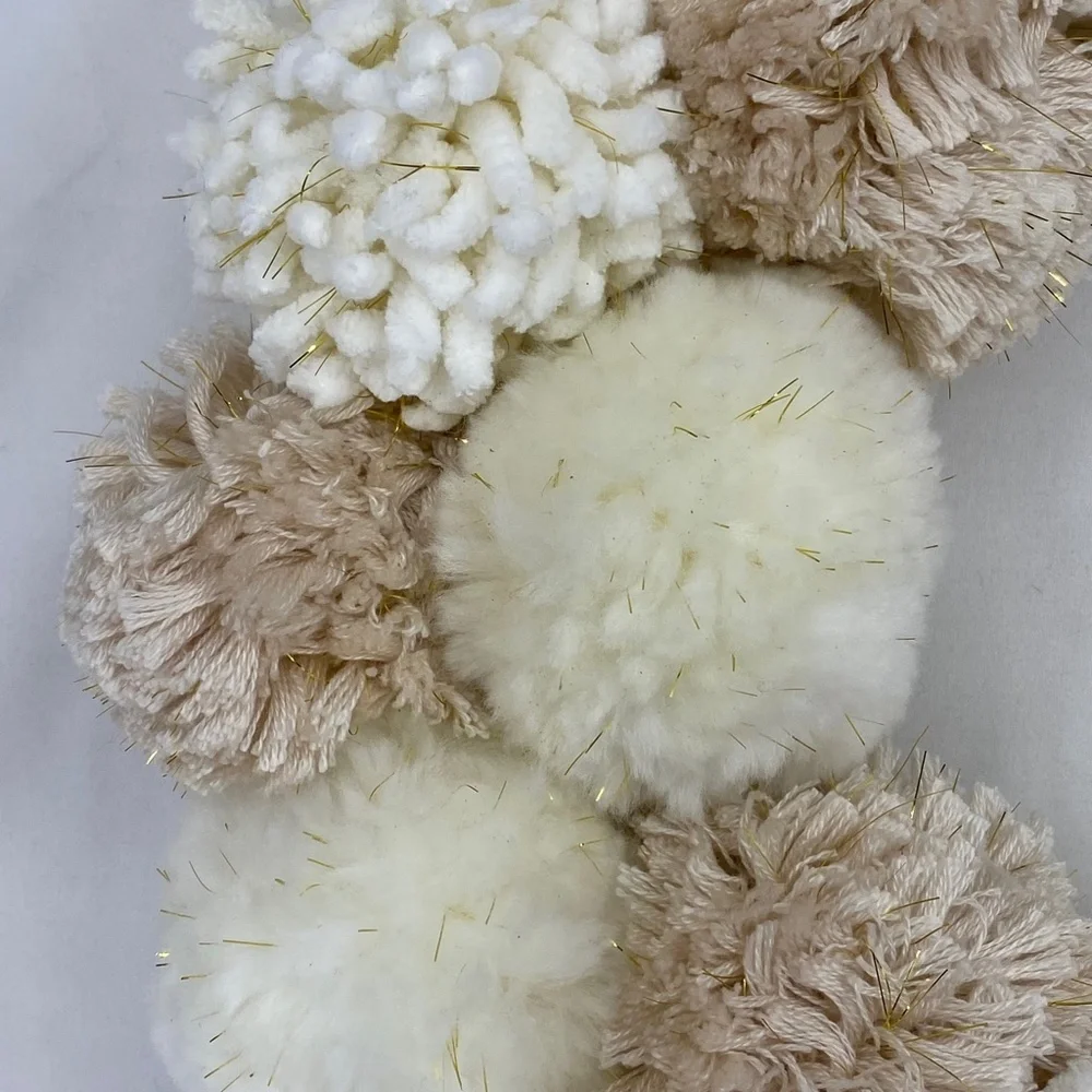 Holiday Lane Round Pompom Wreath Ivory Beige Gold Tones Christmas Winter